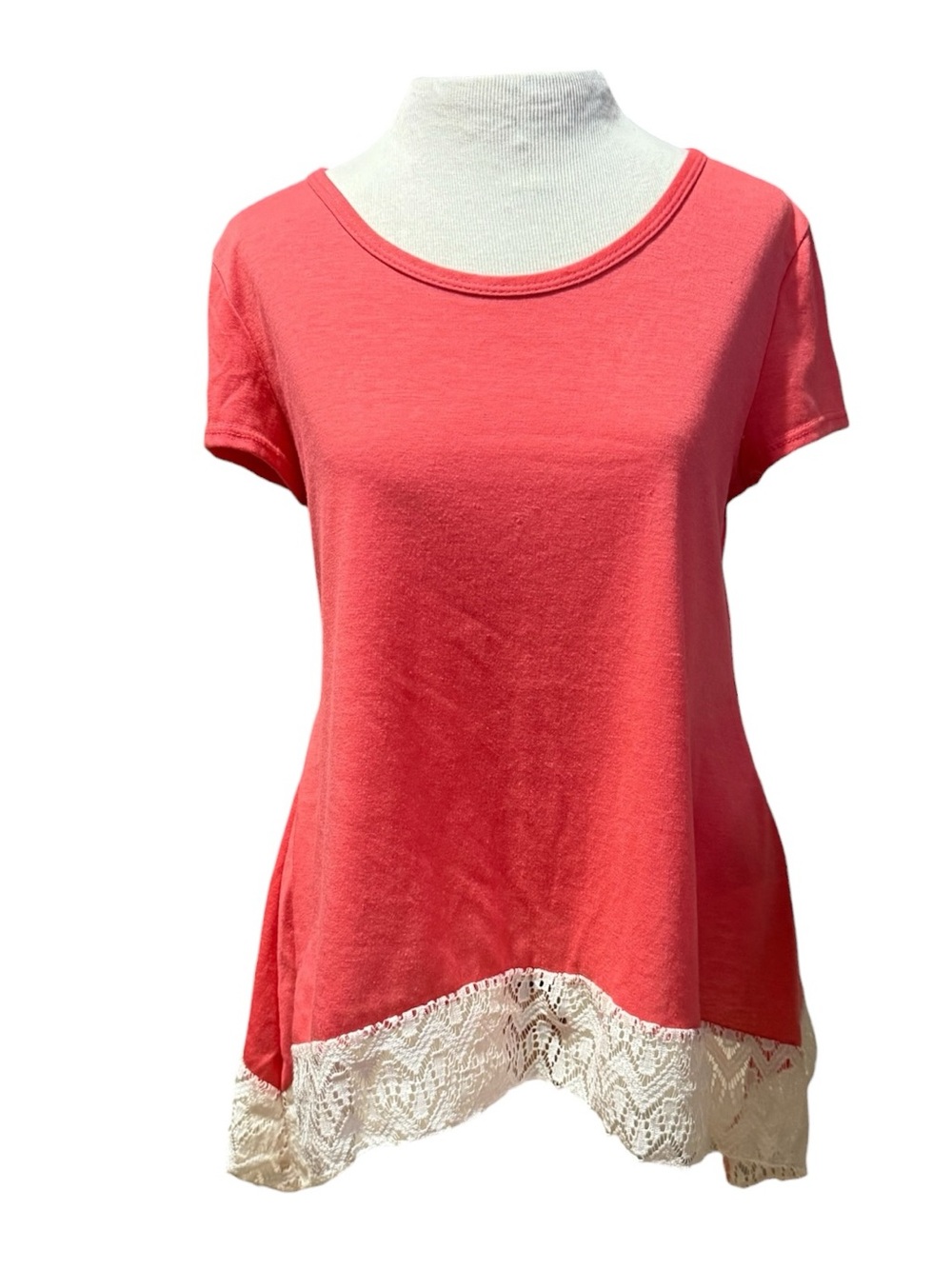 Y2K Say Anything asymmetrical Coral Short Sleeve Top Lace Hem cottagecore USA‎